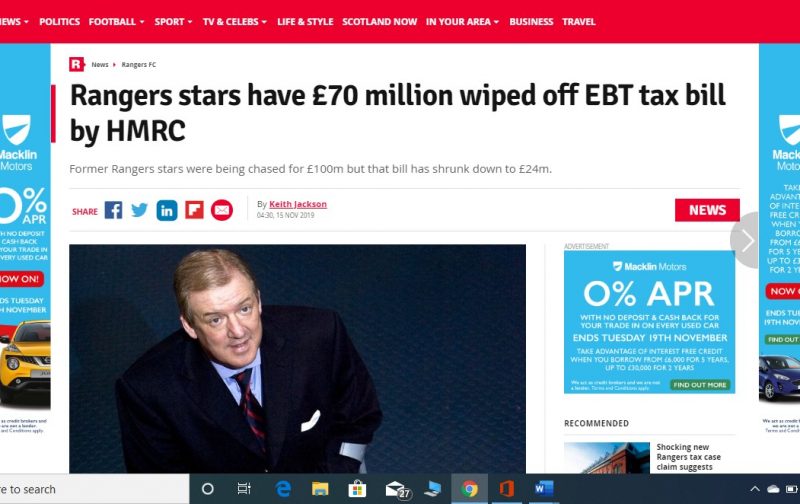 HMRC accuse Daily Record of Fake News over £70m tax reduction for Ibrox stars